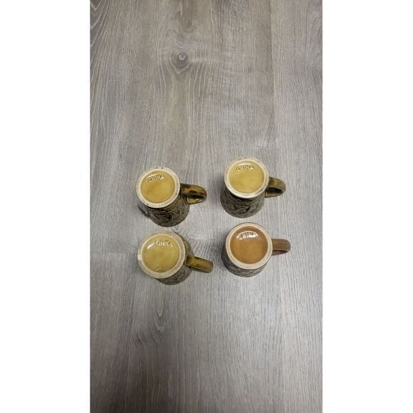 Vintage Looking Ceramic Textured‎ Fruit & Floral Mugs Set of 3 Green & 1 Brown - Picture 5 of 5